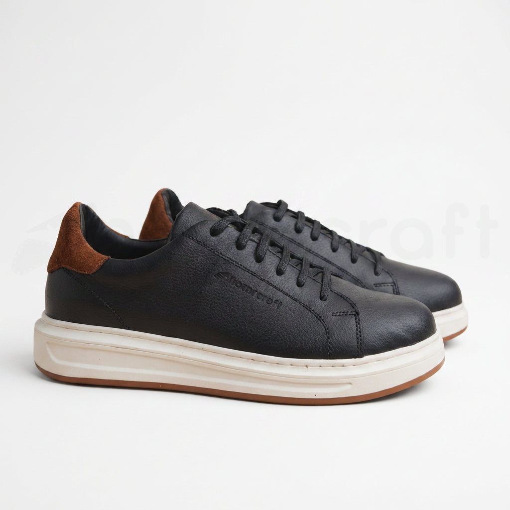 Sneakers en Cuir Grainé Noir et Beige Pour Homme et Femme