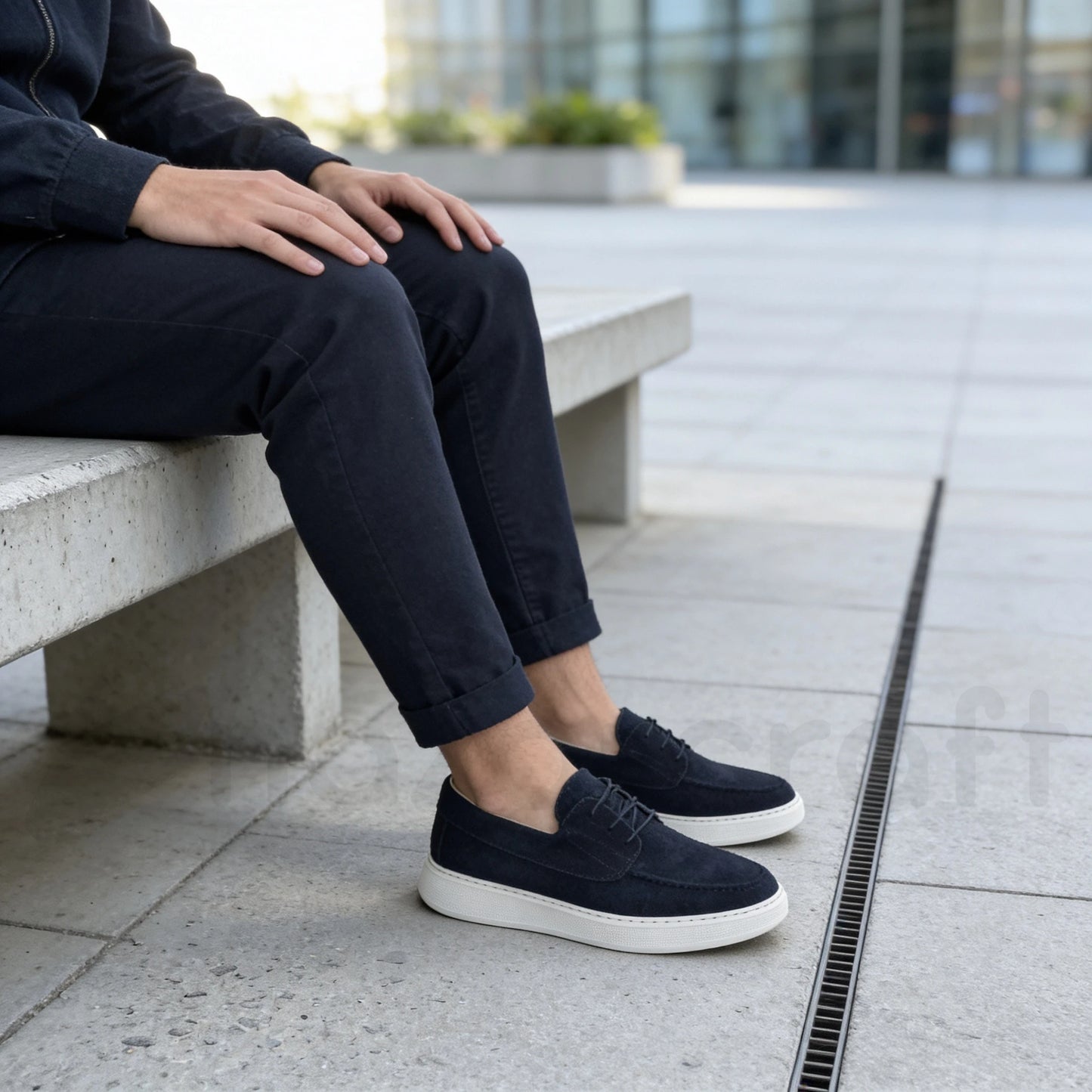 Slip-Ons Mocassins à Lacets en Daim Bleu Marine avec Semelle Eva Anti-Tâche