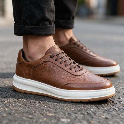 LEGACY 2.0 Baskets en Cuir Grainé Beige et Noir et Marron avec Semelle Eva Anti-Tâche