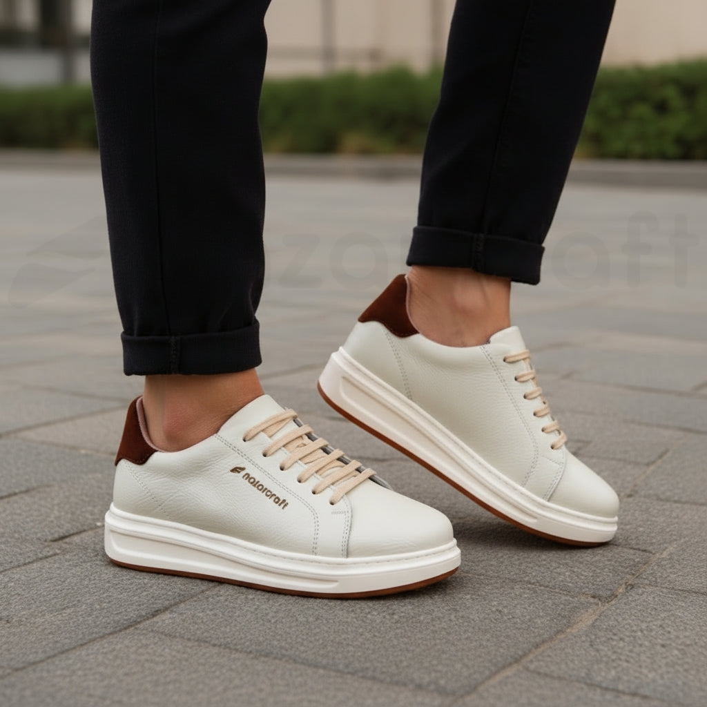 Sneakers en Cuir Grainé Noir et Beige Pour Homme et Femme