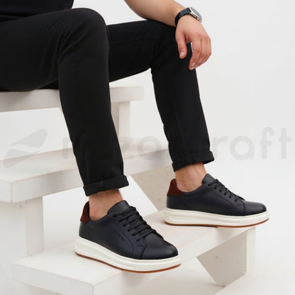 Sneakers en Cuir Grainé Noir et Beige Pour Homme et Femme