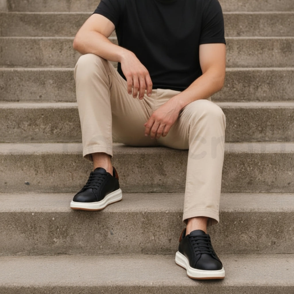 Sneakers en Cuir Grainé Noir et Beige Pour Homme et Femme