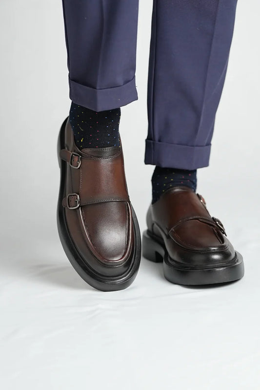 Mocassins Sangles de Moine doubles en Cuir Marron