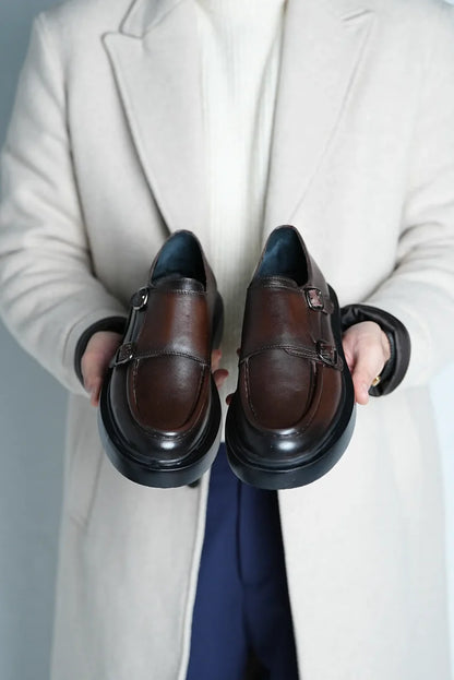 Mocassins Sangles de Moine doubles en Cuir Marron