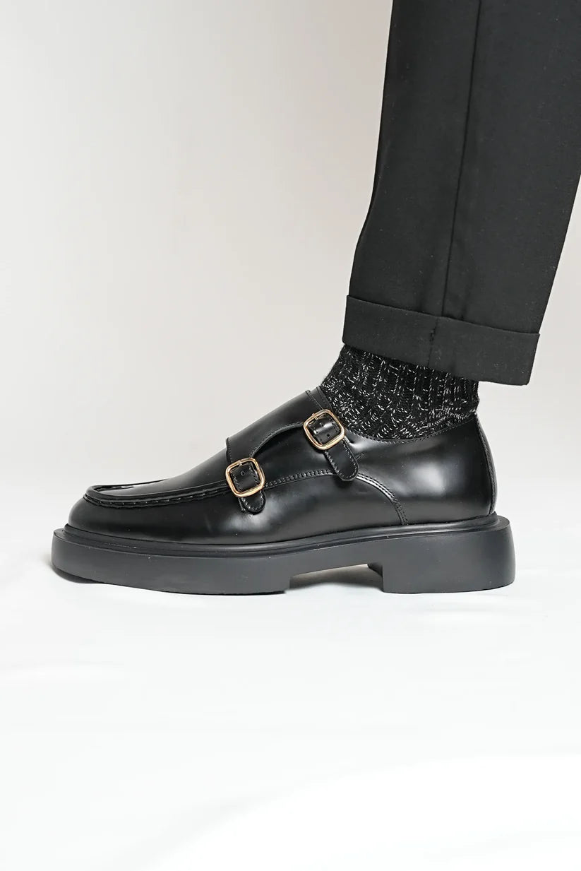 Mocassins Sangles de Moine doubles en Cuir Noir