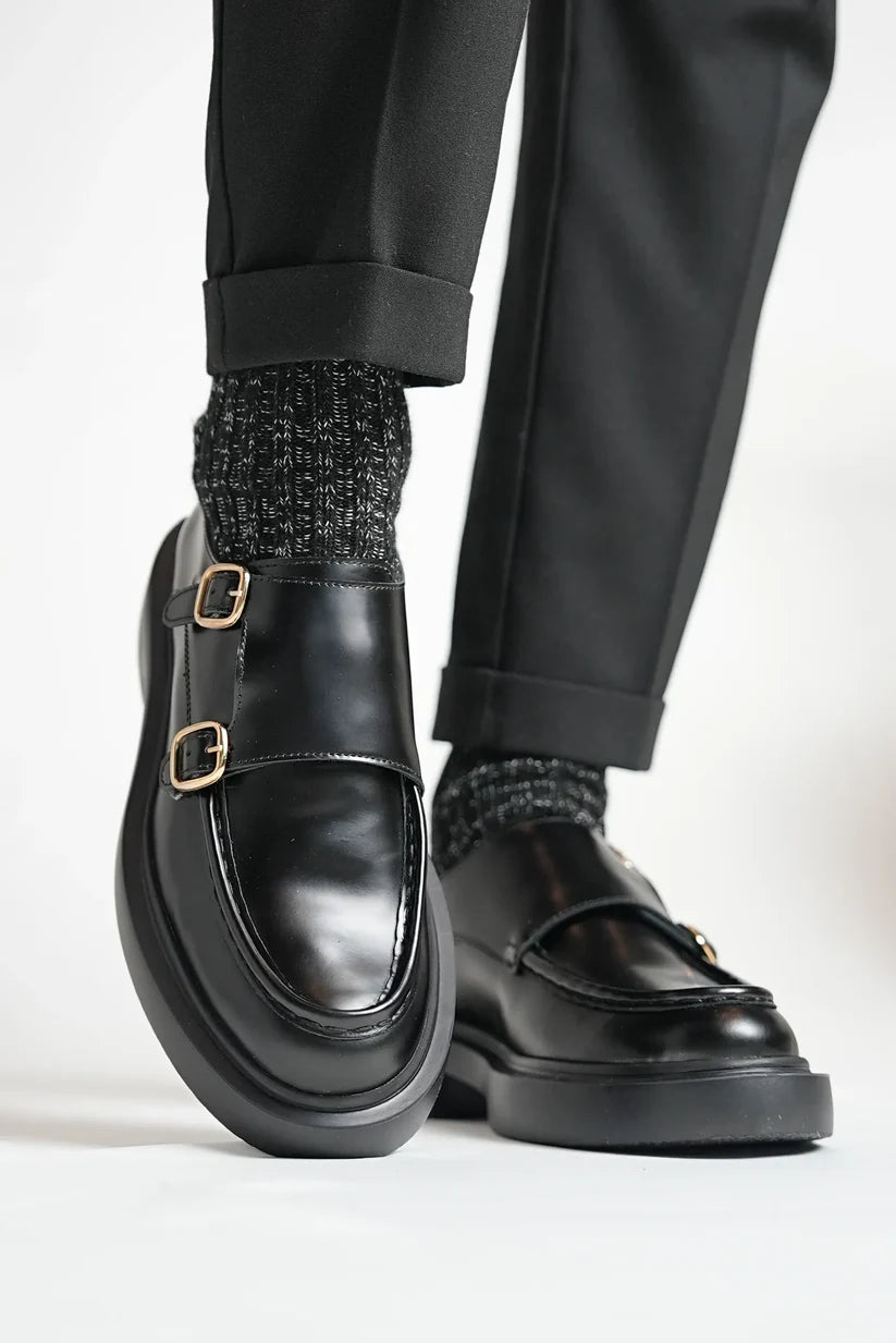 Mocassins Sangles de Moine doubles en Cuir Noir