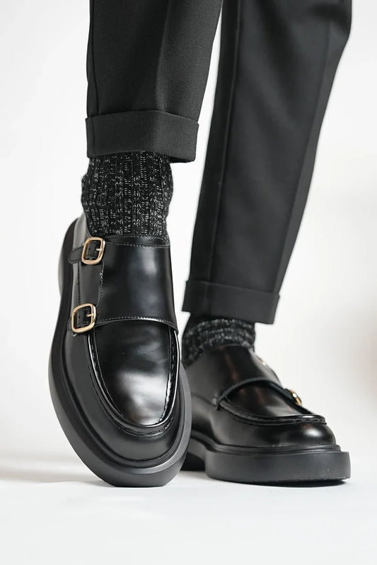 Mocassins Sangles de Moine doubles en Cuir Noir