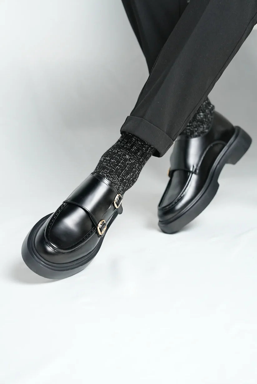 Mocassins Sangles de Moine doubles en Cuir Noir