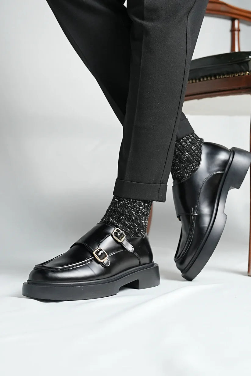 Mocassins Sangles de Moine doubles en Cuir Noir